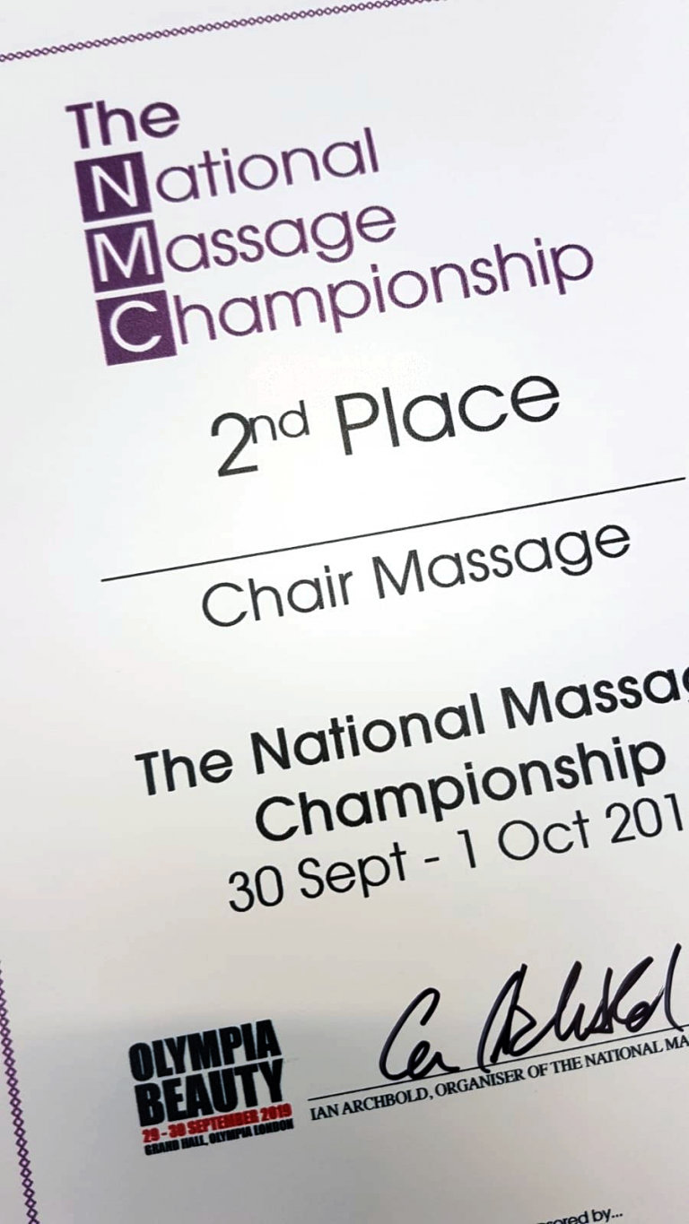 certificate National Massage Championship second place Essential Vitality